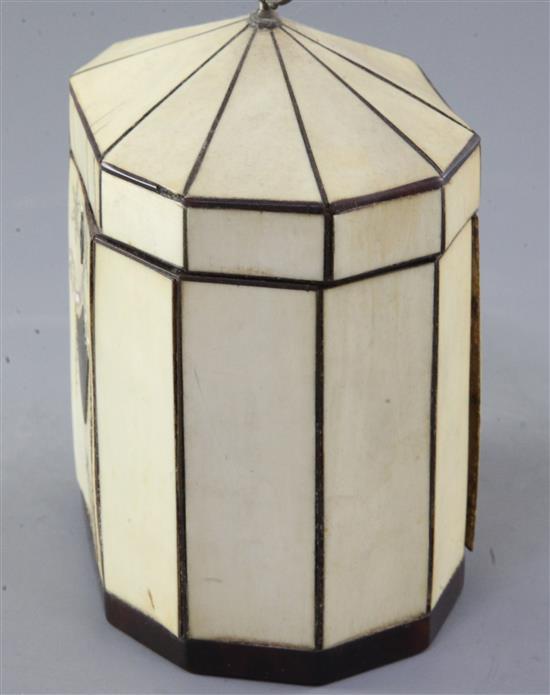 A George III inlaid ivory and tortoiseshell tea caddy, width 5.25in. depth 3.5in. height 5.5in.